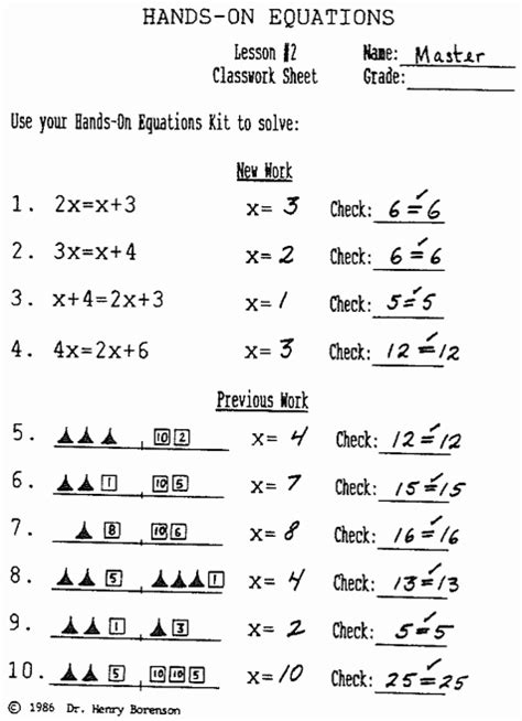 hands  equations worksheet chessmuseum template library