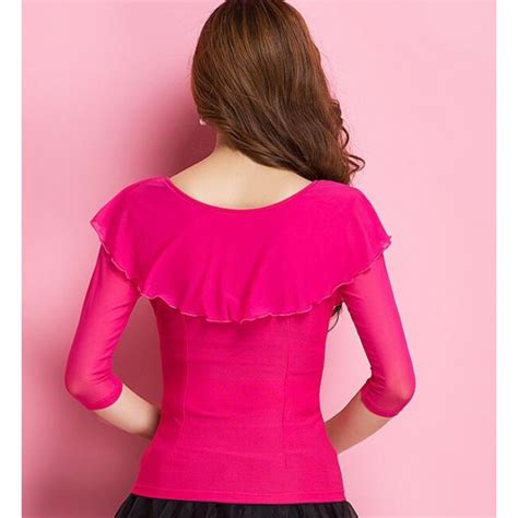 fuchsia hot pink long sleeves ruffles neck women s ladies female