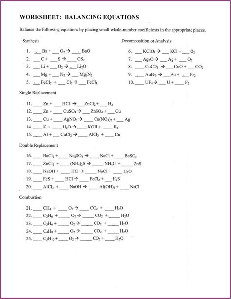 chemistry balancing equations worksheet  answer key balancing