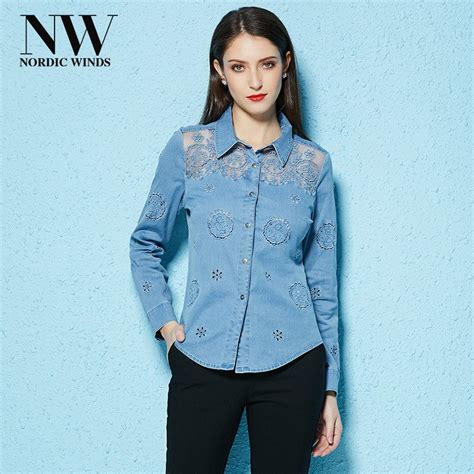 buy spring summer  womens lace denim shirt blouse fashion jean blouses