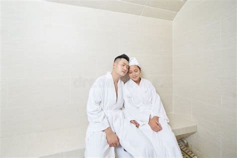 Couple At Sauna Spa Healthy Concept Young Asian Man Handsome And Woman