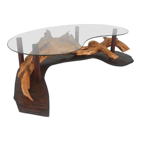 unique mid century modern rustic driftwood glass top coffee table