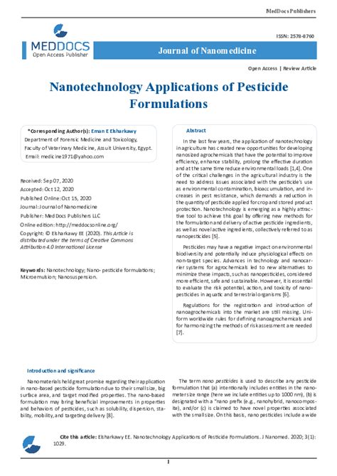 Pdf Nanotechnology Applications Of Pesticide Formulations Eman