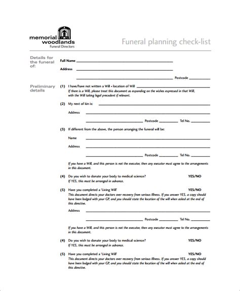 sample funeral checklist template   documents