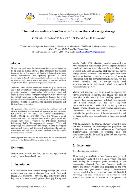 thermal evaluation  molten salts  solar thermal energy storage