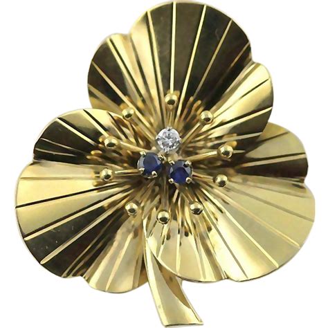 cartier brooch pin diamond and sapphire 14k gold vintage retro from