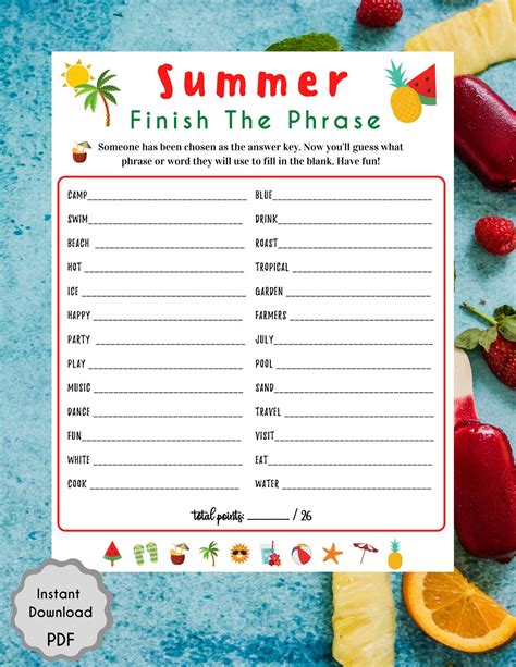 summer finish  phrase game summertime game summer party game