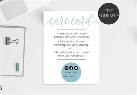 care card care instructions card care card template jewelry etsy