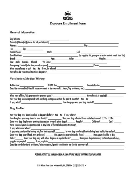 daycare enrollment form printable