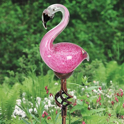 Solar Hand Blown Glass Pink Flamingo Garden Stake With Metal Finial