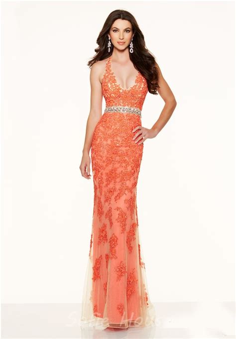 sexy slim deep v neck backless champagne lace prom dress