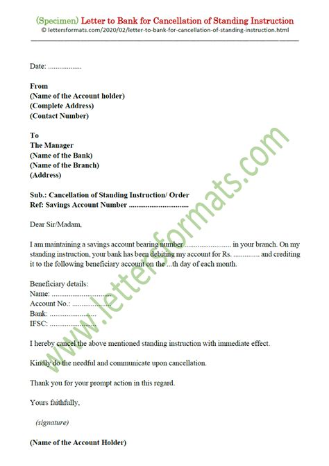 letter  bank  cancellation  standing instruction order
