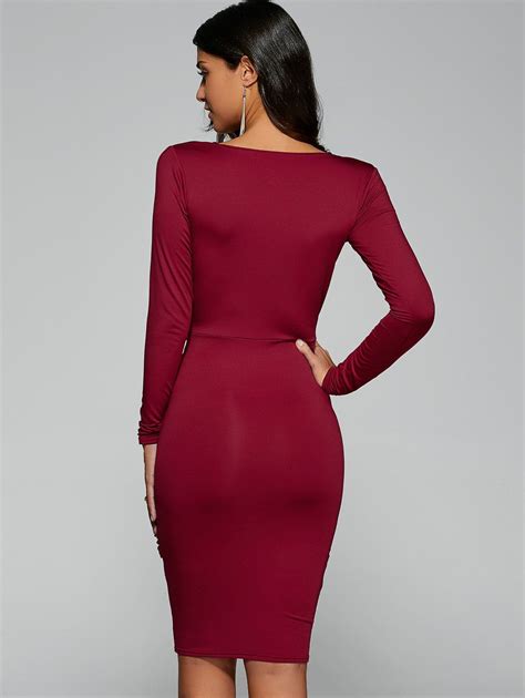 2018 twist front long sleeve bodycon formal midi dress red s in bodycon