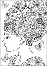 Flowers Woman Coloring Hair Color Beautiful Pages Adults Flying Tree Her Adult Flowery Vegetation Butterflies Leaves Around Fleurs Et Nature sketch template