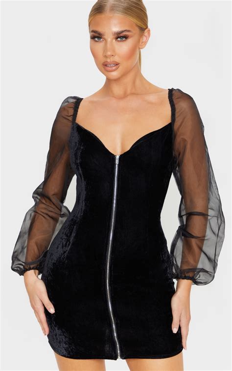 black velvet organza sleeve zip bodycon dresss prettylittlething