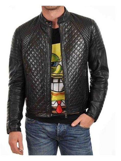 mens leather jacket black quilted stitch  design leather jacket