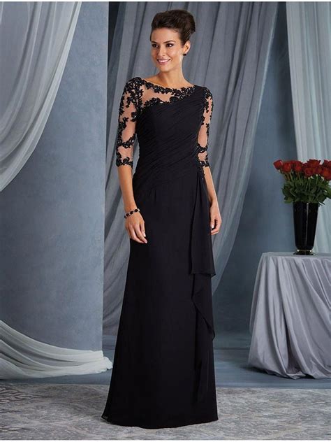 elegant illusion bodice  length sleeves lace chiffon long mother   bride dresses