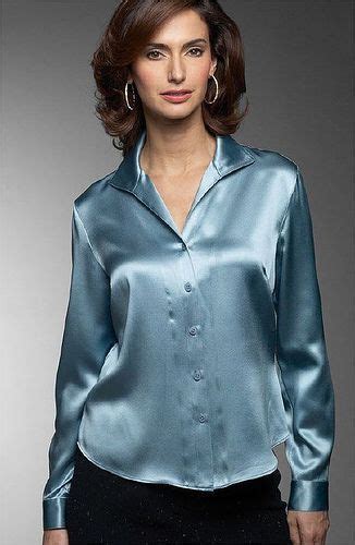 Pin By Emma Satin On Blue Green Satin Blouse Satin Blouses Blouses