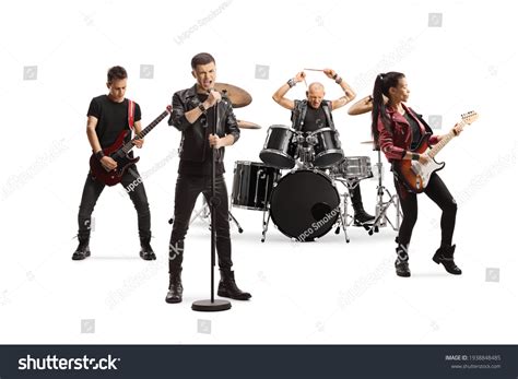 rock  band performing female guitarist stock photo