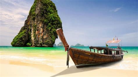 krabi phuket bangkok thailand beach boat sea rock blue sky hd wallpaper 1920x1080