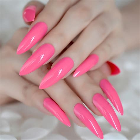 Hot Pink Extra Long False Nails Stiletto Tips Oval Sharp