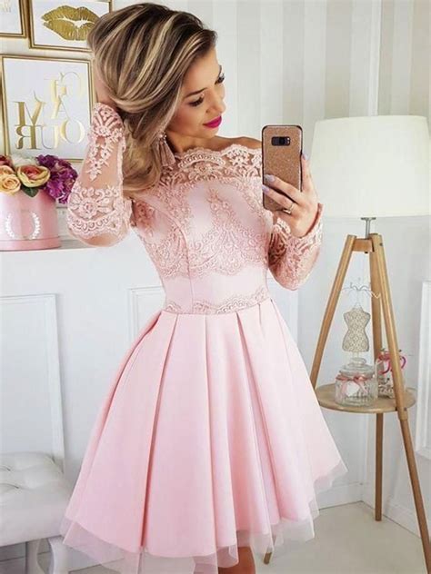 long sleeves short pink lace prom dresses short pink lace
