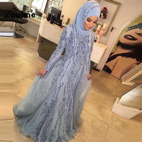 silver muslim evening dresses  mermaid long sleeves tulle crystals