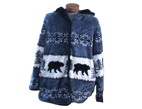 vintage bear print fleece jacket heavy hooded toggle coat size