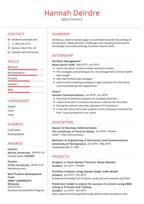 mba student resume sample
