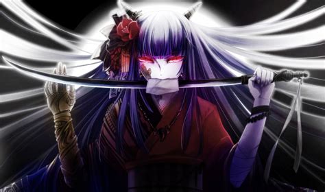 Purple Haired Demon Girl With Sword Anime Character Hd