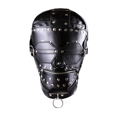 black genuine leather sex hood mask wih metal rivet