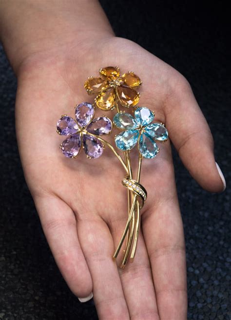 vintage amethyst citrine topaz diamond gold flower brooch antique jewelry vintage rings