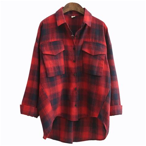 women cotton plaid shirt checked long sleeve shirts casual oversize red