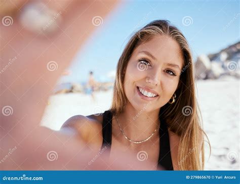 Woman Beach Selfie And Smile On Holiday With Beauty Outdoor Or Summer