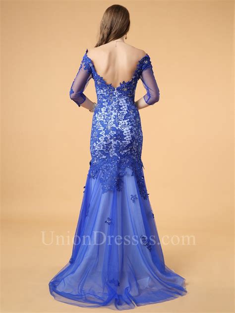 sexy mermaid off the shoulder backless royal blue lace