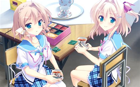 2girls blonde hair blue eyes drink game cg kazunari koisuru shimai no