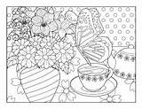Coloring Spring Pages Flowers Adult Printable Butterfly Vase Tea Set sketch template