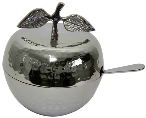 nickel plated hammered apple shaped honey dish  glass insert