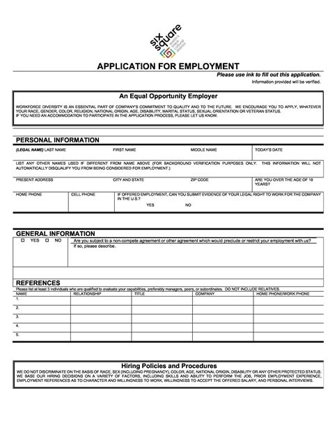 employment job application form templates printable printable