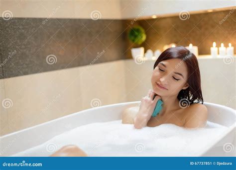 Young Brunette Woman Taking Bath Stock Image Image Of Moisturize