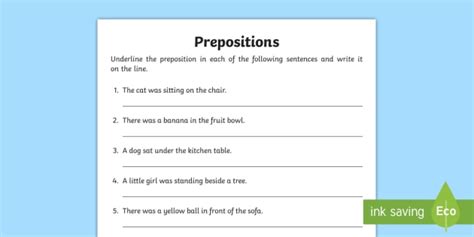 underline  preposition worksheets teaching resources