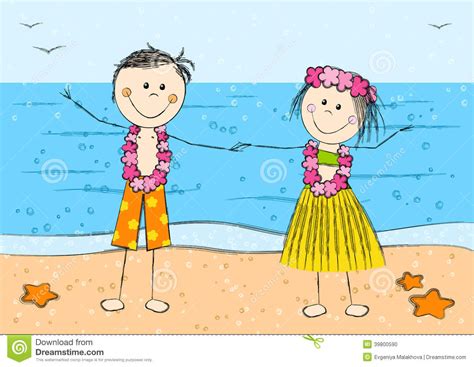 在海滩背景的愉快的夏威夷夫妇 向量例证 插画 包括有 子项 海运 旅行 动画片 夫妇 假期 滑稽