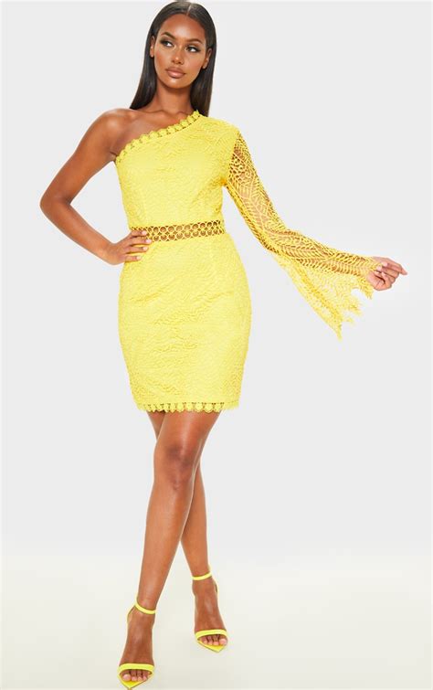 bright yellow one shoulder lace bodycon dress prettylittlething