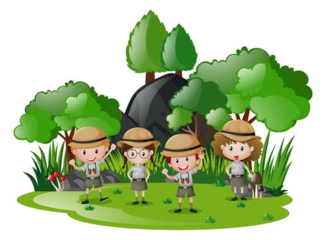 vier kinder im safarioutfit die spass im wald haben  vektor kunst