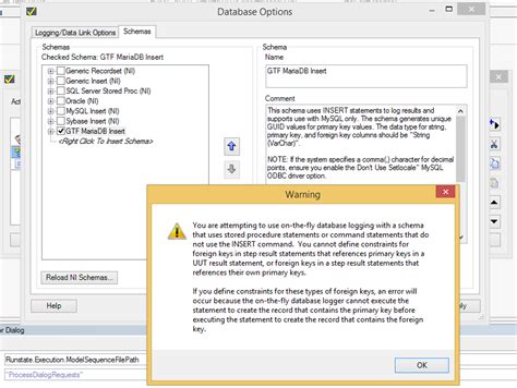 database option dialog shows a faulty warning dialog when using a mysql insert schema ni