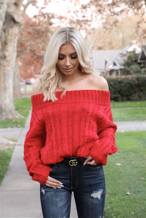 olivia off the shoulder cable knit sweater red california couture