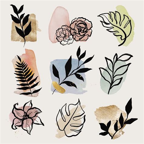 watercolor botanical stickers abstract leaf premium vector rawpixel