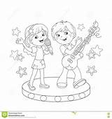 Singing Coloring Boy Girl Outline Song Kids Stage Guitar Cartoon Book 74kb 1300 Vector sketch template