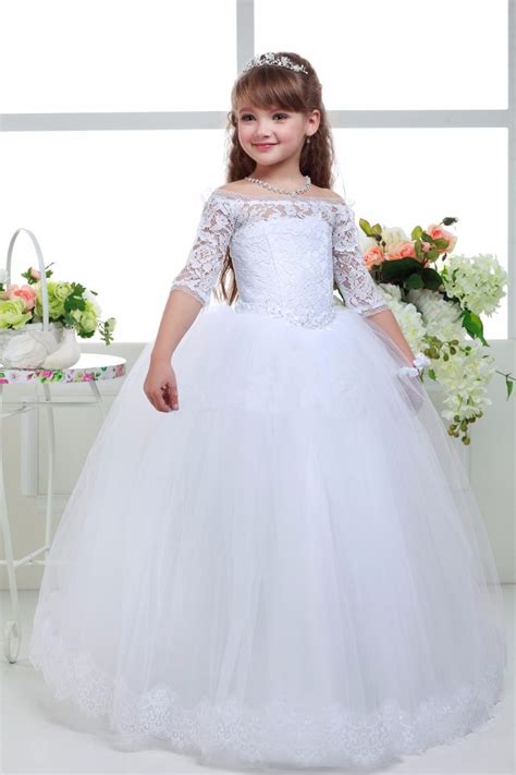 new long white lace half sleeve ball gown flower girls dresses simple