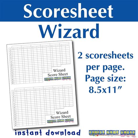 printable wizard card game scoresheet score card  family game night